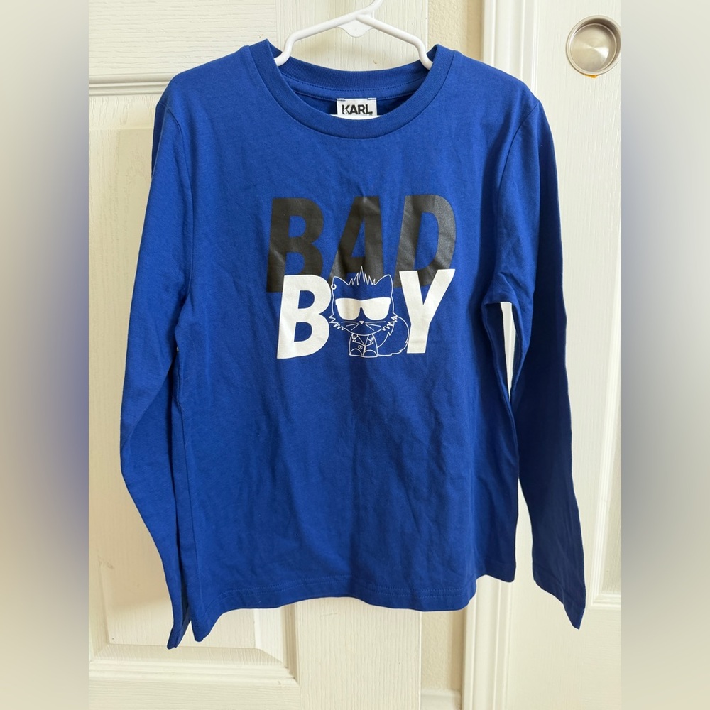 Karl Lagerfeld Kids Long Sleeve T-Shirt Blue “Bad Boy” Graphic Size 8 (126cm)